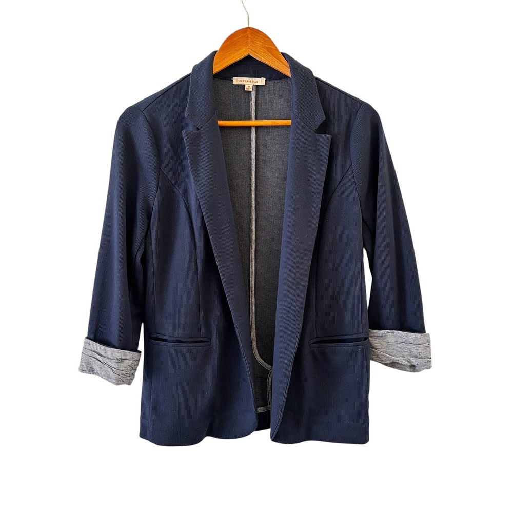 Skies Are Blue Blazer Womens Size M Navy Ribbed Knit Open Front‎ Cuffed Sleeve